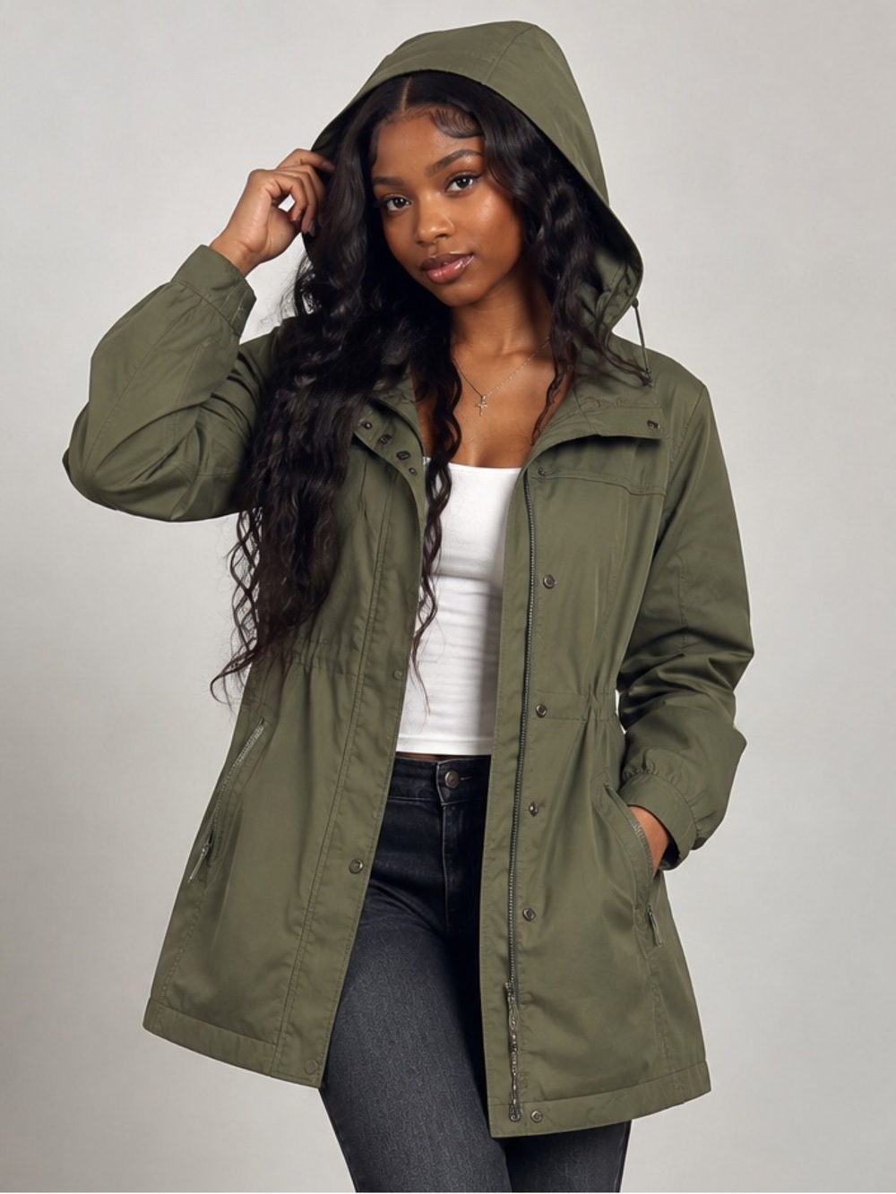 Eddie Bauer Olive Green Hooded Utility Jacket
